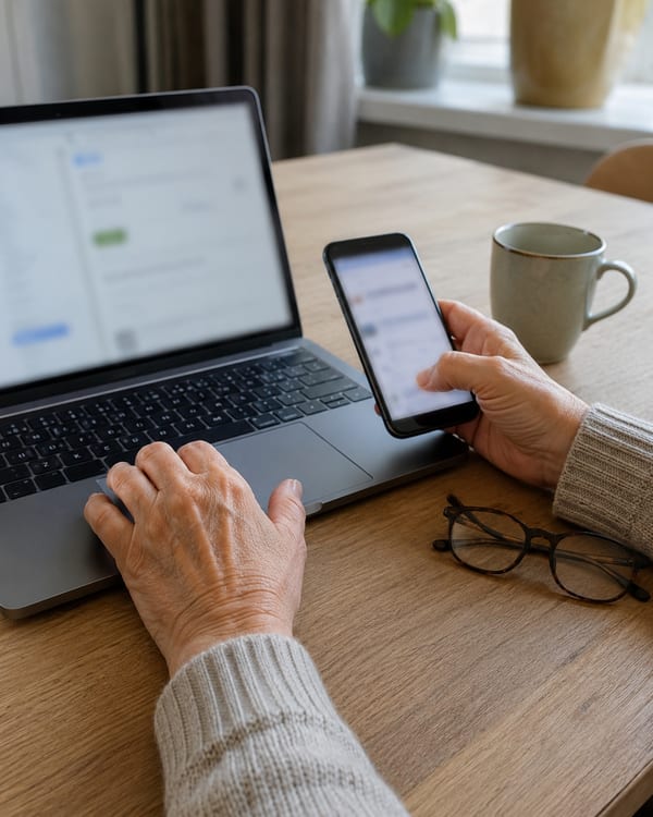 Oudere handen op een laptop en een telefoon, met een kop koffie en een bril op tafel.